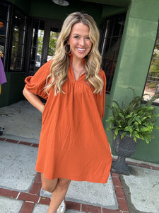 Rust Puff Sleeve Dress