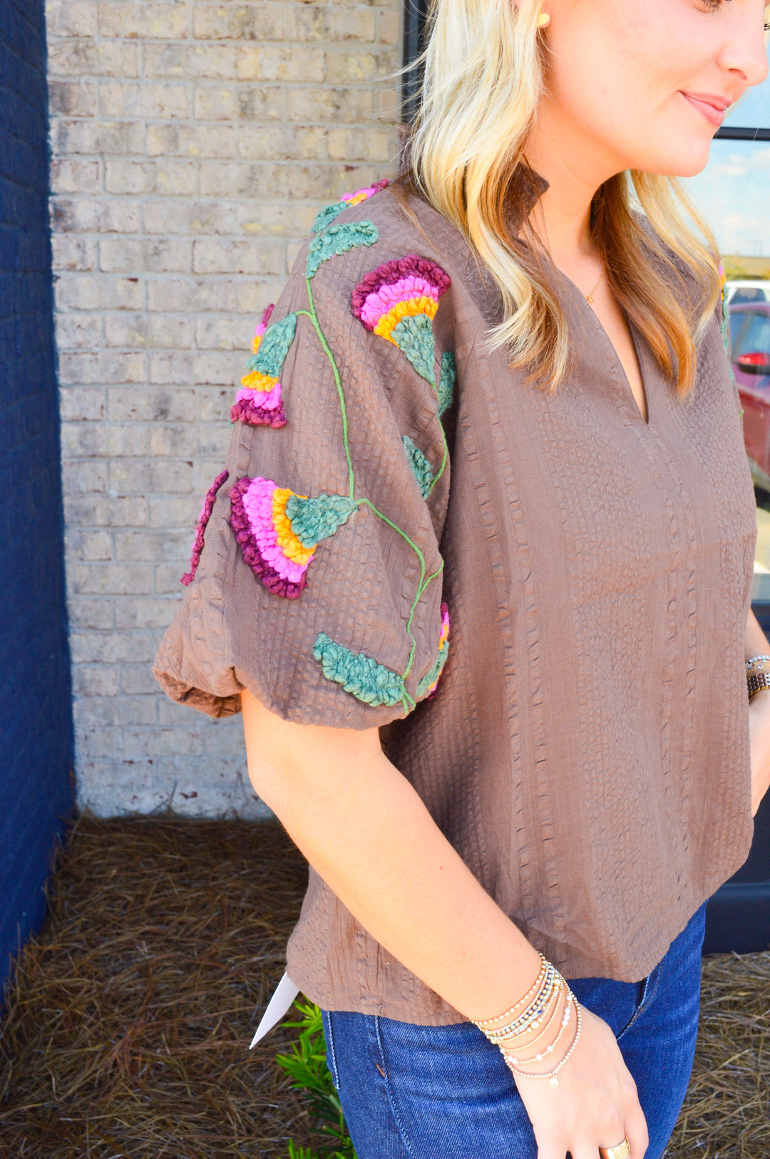 Brown Flower Embroidered Sleeve Top