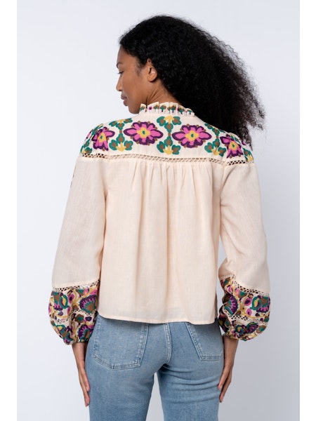 Printed Ruffle Blouse with Trim