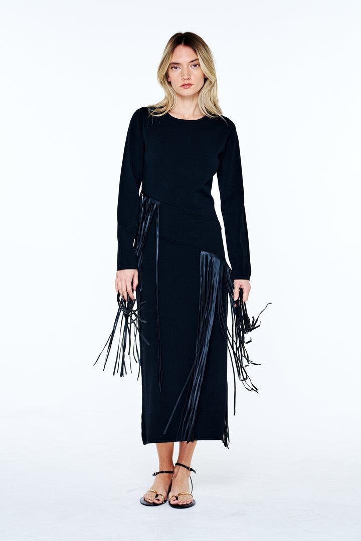 Black Fringe Long Sleeve Dress