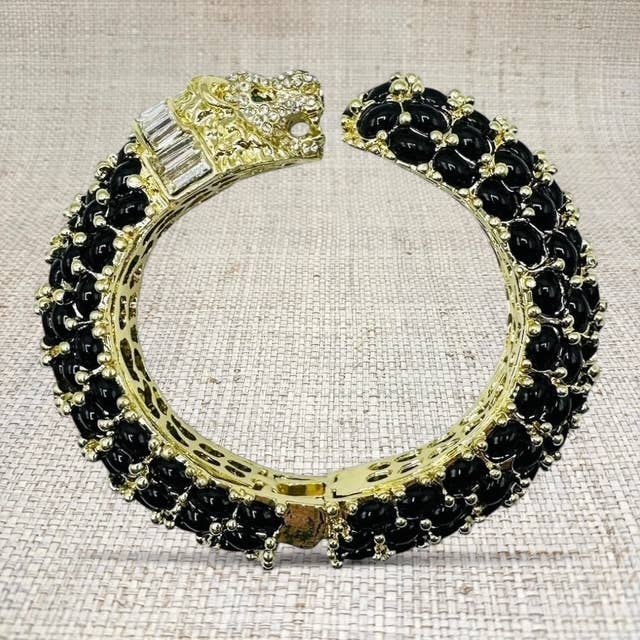 Beaded Leopard Hinged Bracelet in Black