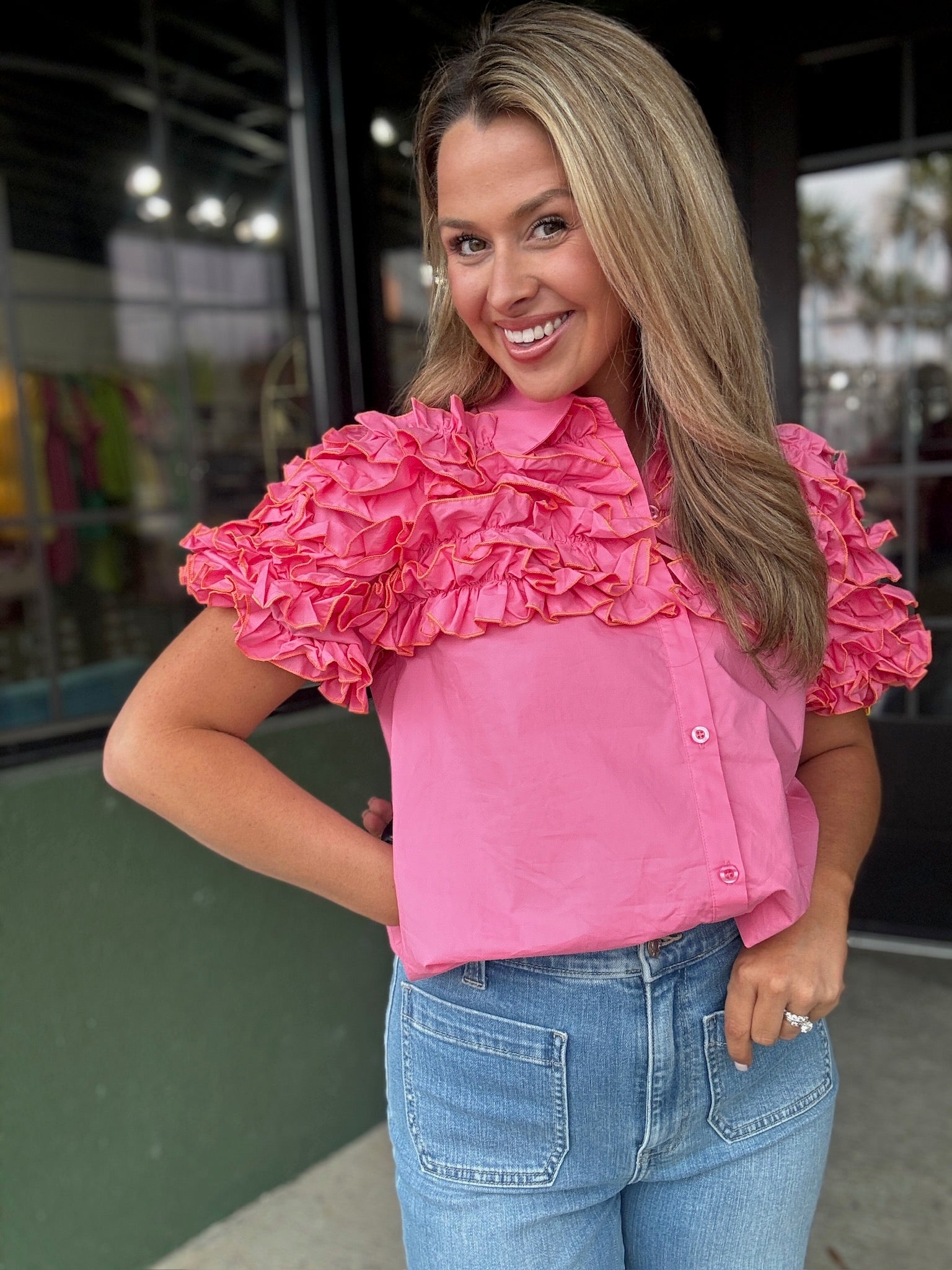 Pink Ruffle Button Up