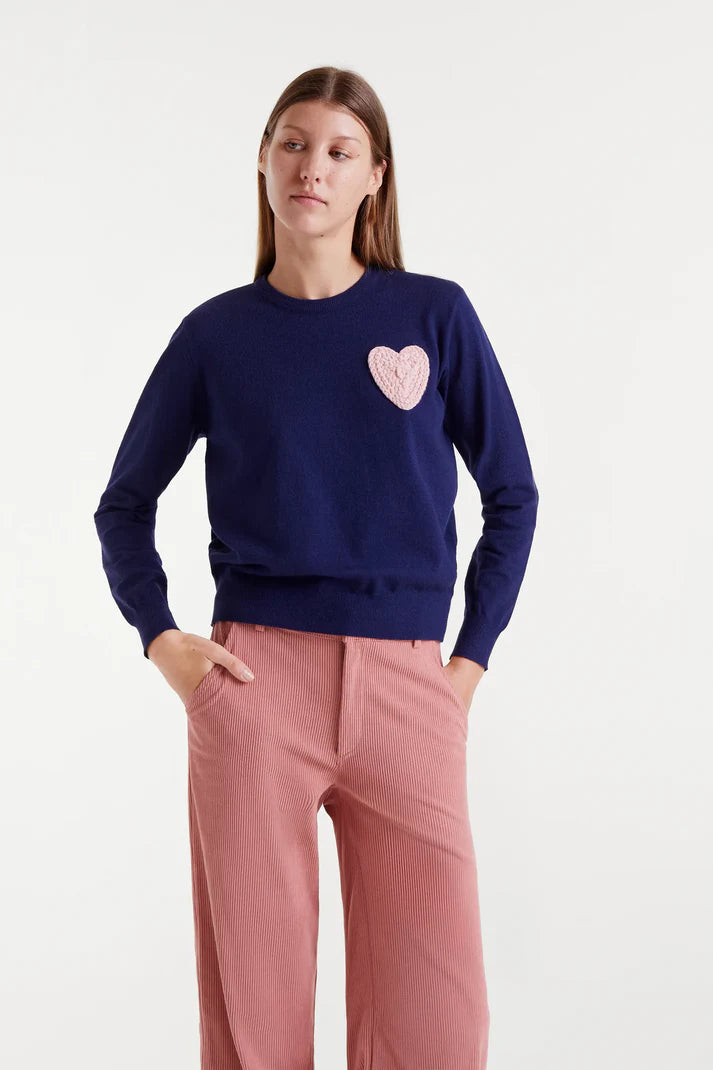 Navy Blue Heart Stitched Sweater