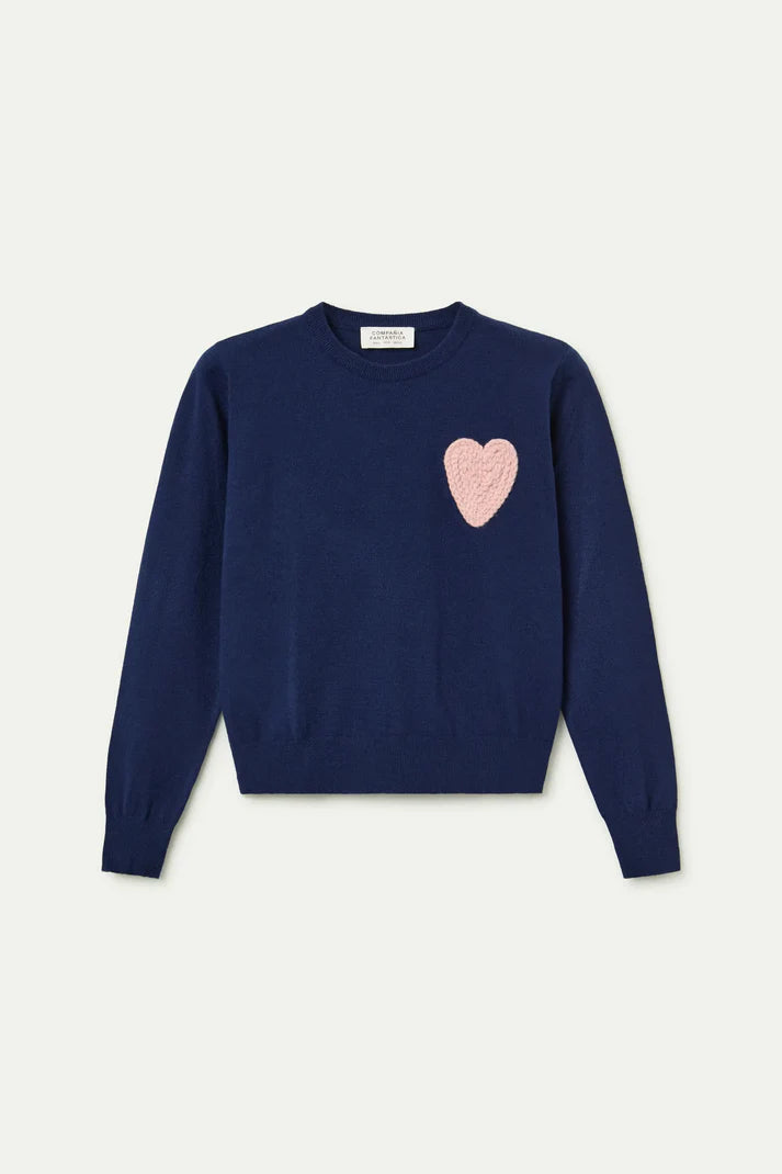 Navy Blue Heart Stitched Sweater