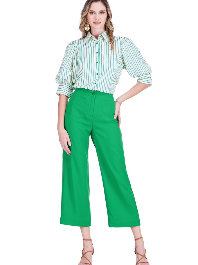 Green Stripe Puff Sleeve Top