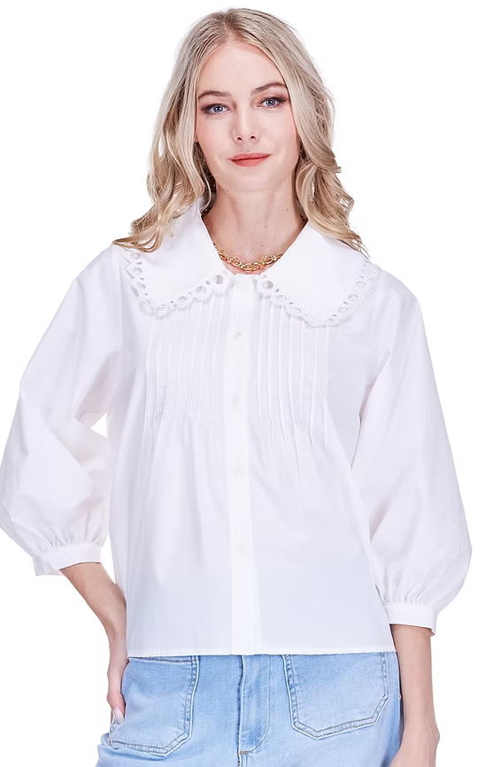 White Pin Tuck Collar Blouse