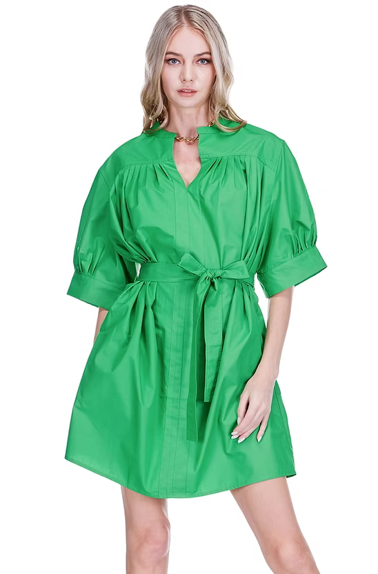 Pleated Green Puff Sleeve Dress