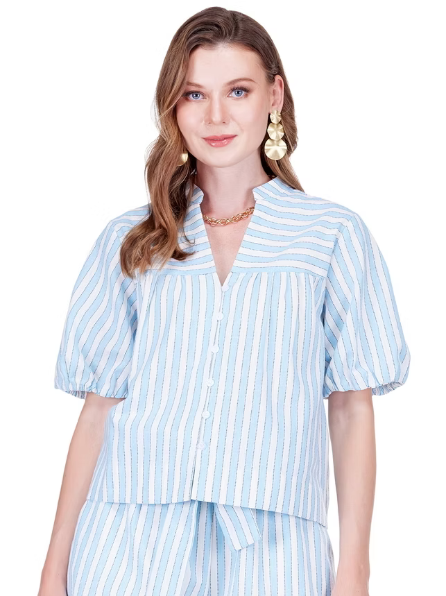 Blue Stripe Puff Sleeve Blouse