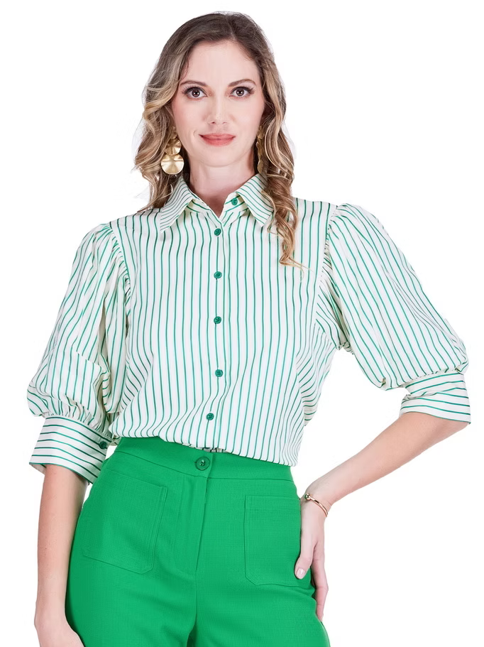 Green Stripe Puff Sleeve Top
