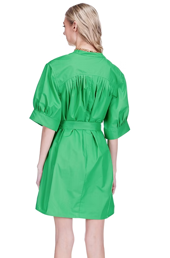 Pleated Green Puff Sleeve Dress