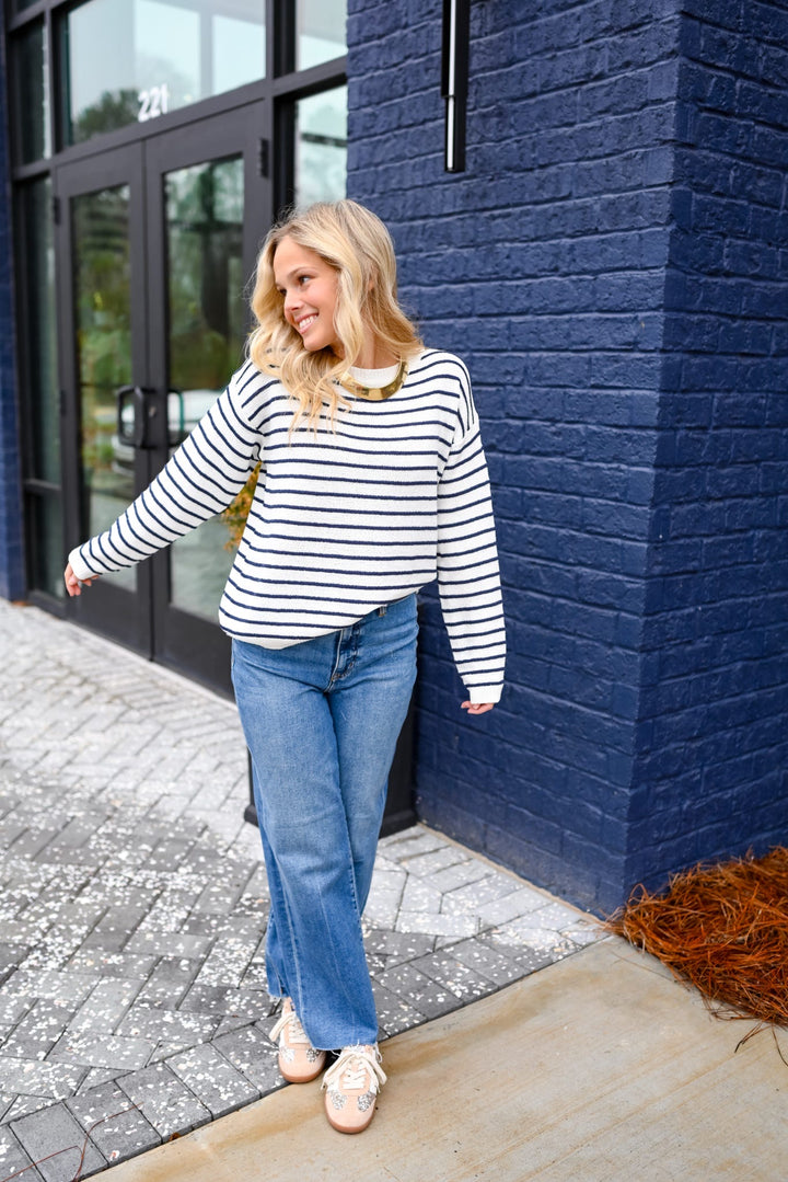 Off White Navy Striped Sweater