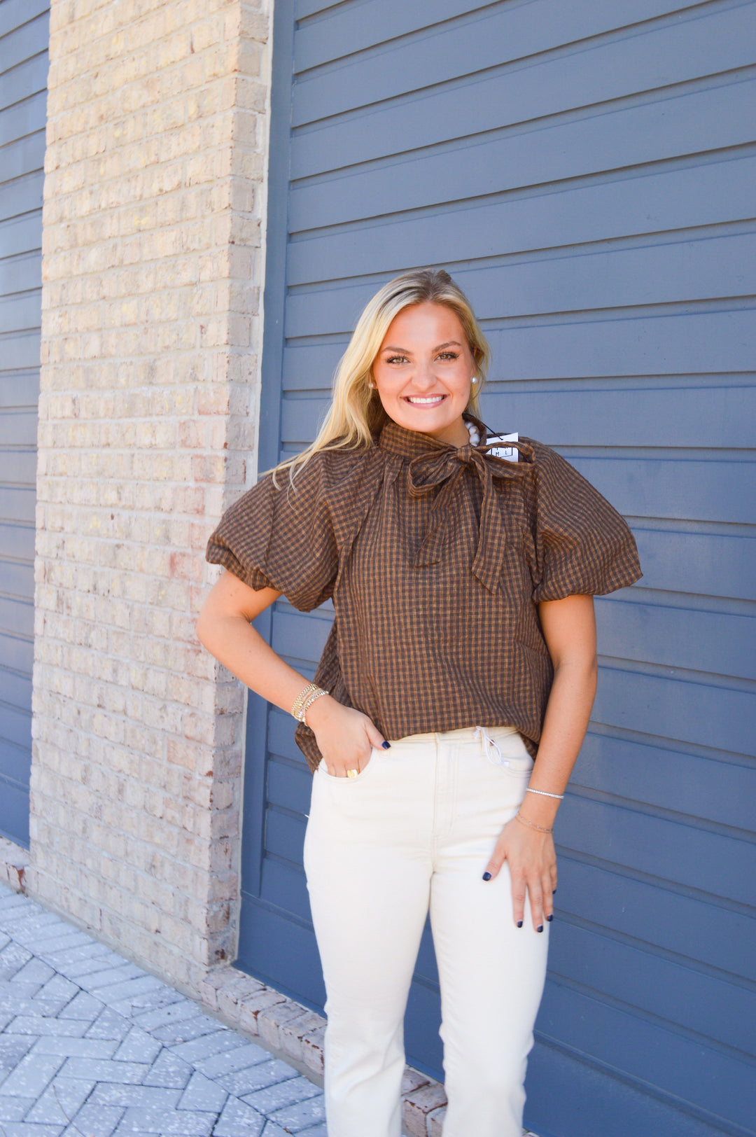 Chocolate Puff Gingham Top