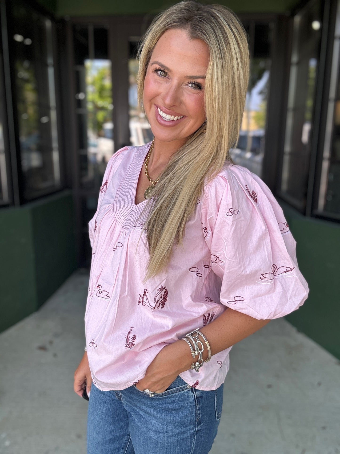 Pink Embroidered Swan Top