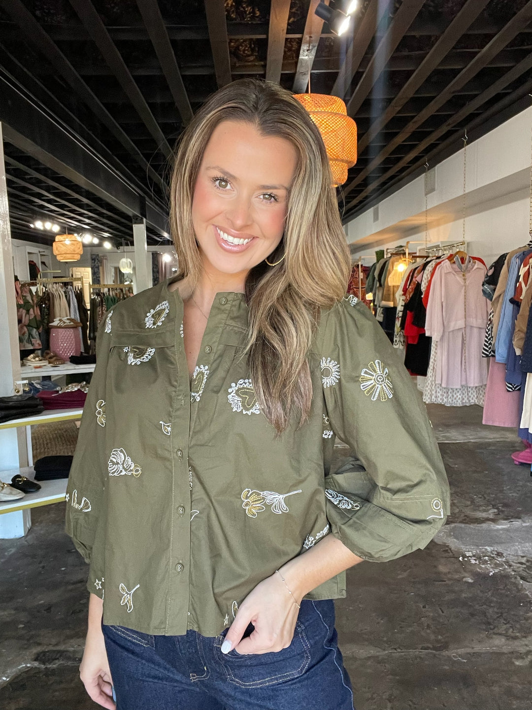 Olive Bubble Sleeve Button Down Top