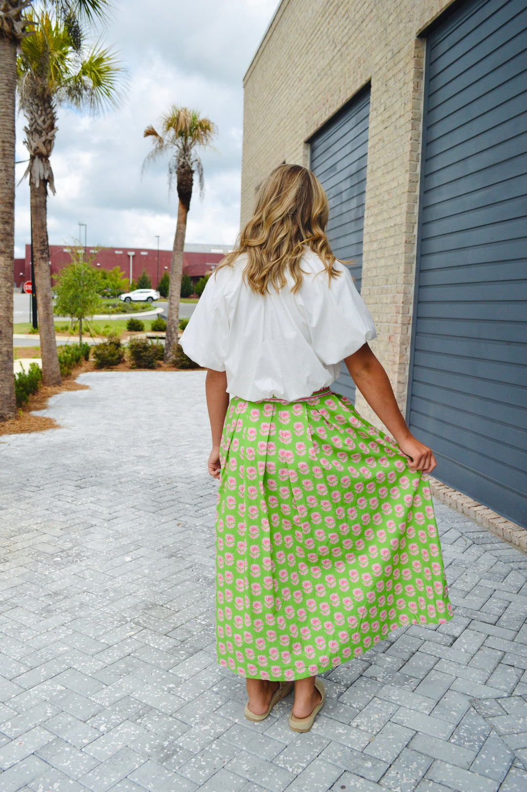 Green Floral Print Midi Skirt