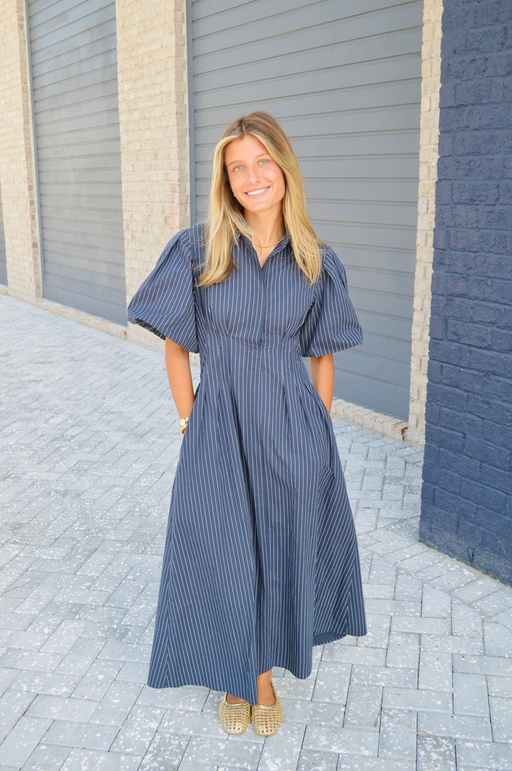 Navy Poplin Stripe Maxi Dress
