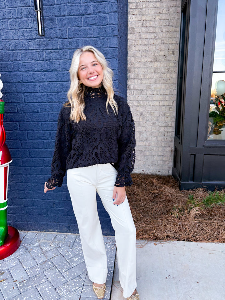 Black Lace Mock Neck Top