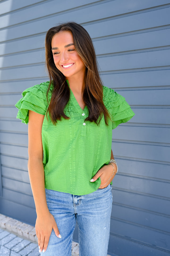 Green Flutter Sleeve Ruffle Top