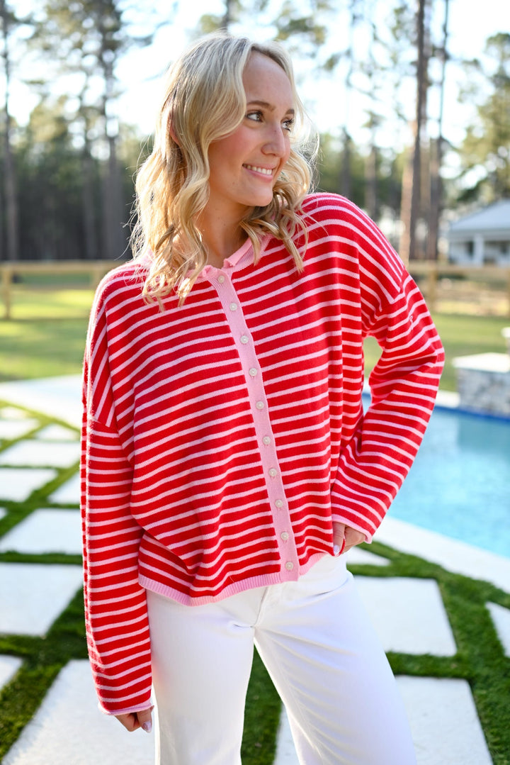 Red Stripes Cardigan Top
