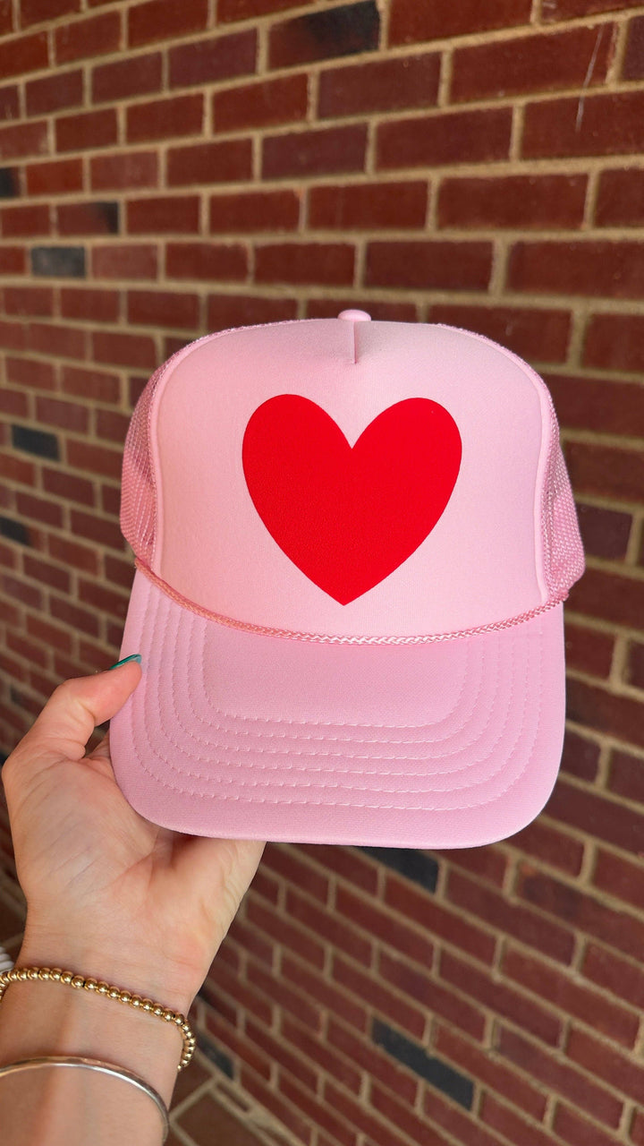 Happy Heart Trucker Hat: Light pink + red