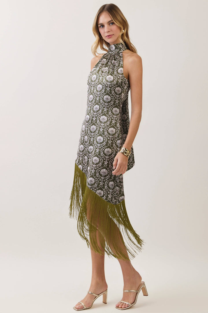 Floral Print Halter Fringe Midi Dress