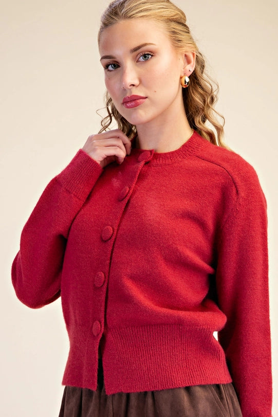 The Button Closure Long Sleeve Sweater Cardigan - Cherry
