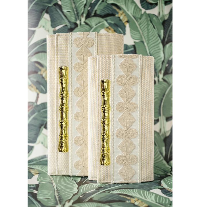 Neutral Thibaut Grass Cloth Crossbody with Embroidered Tape: Bamboo Stick