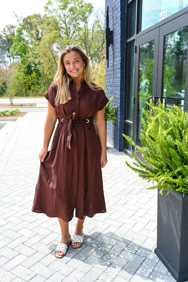 Mahogany Linen Belted Shirtdress
