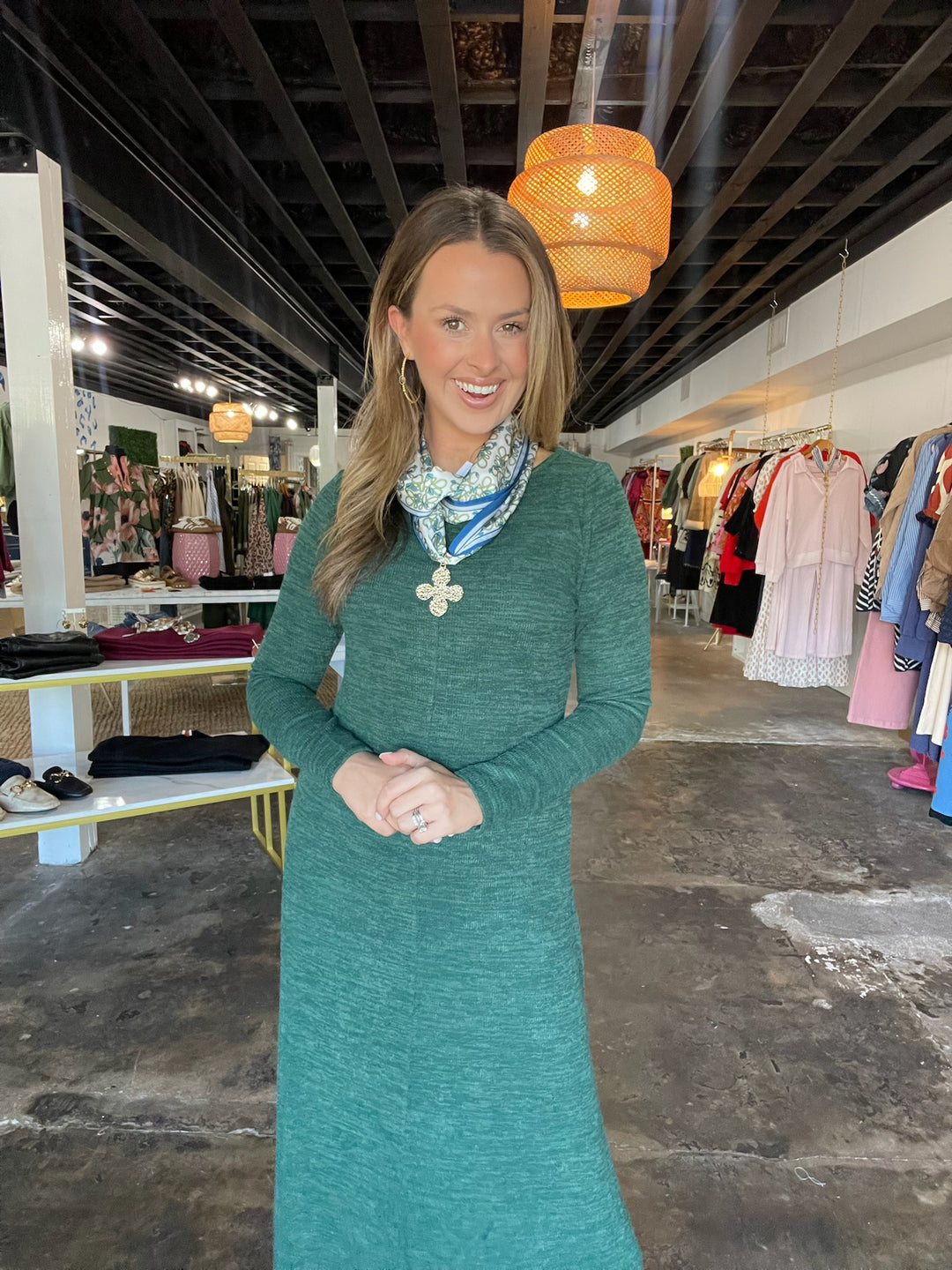 Green Ribbed Knit Midi Dress