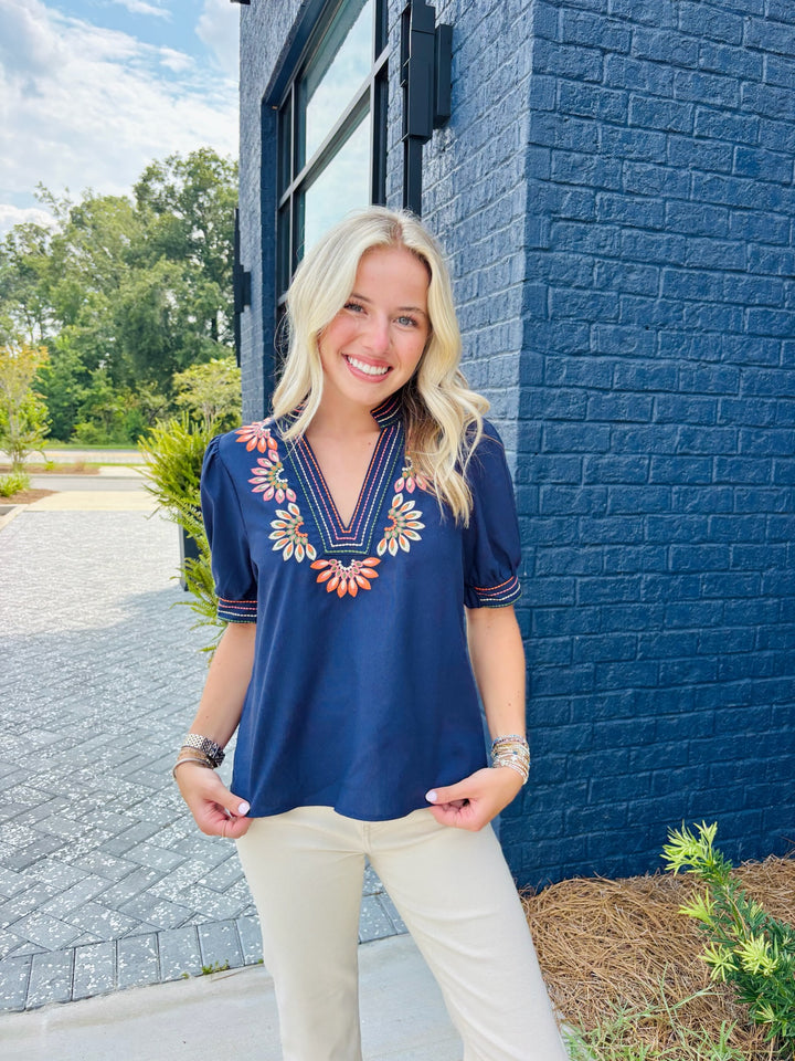 Navy Embroidered Sleeve Top