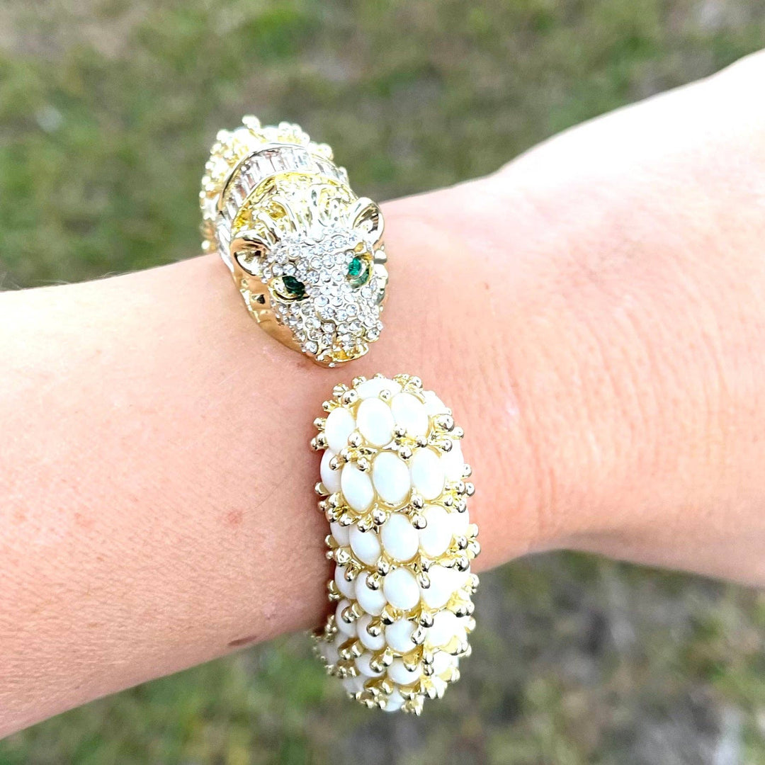 Beaded Leopard Hinged Bracelet in White