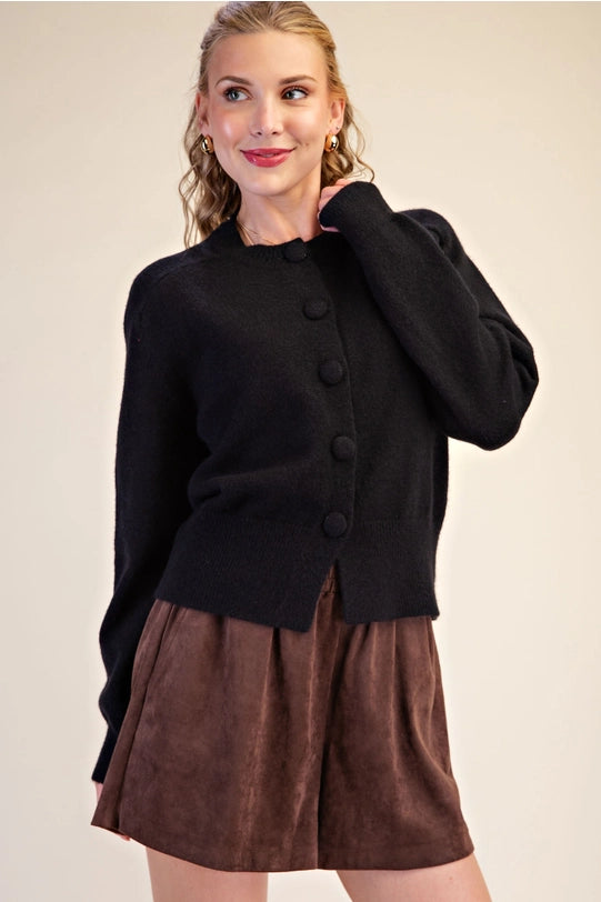 The Button Closure Long Sleeve Sweater Cardigan - Black