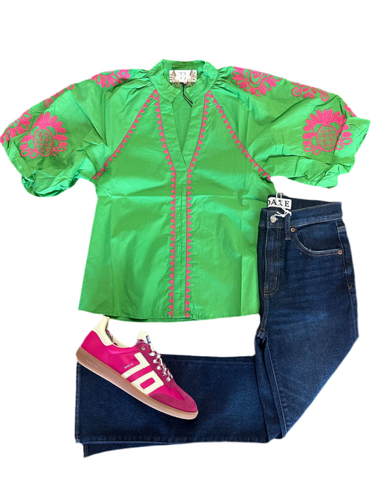 Green and Pink Embroidered Top