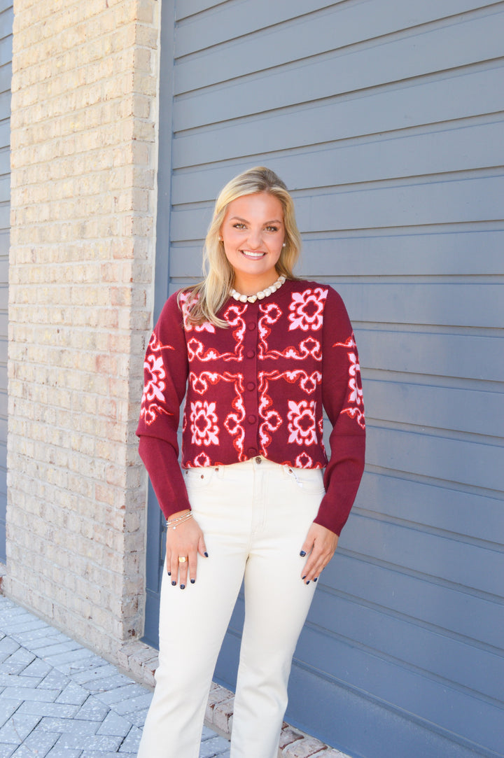 Burgandy Printed Cardigan