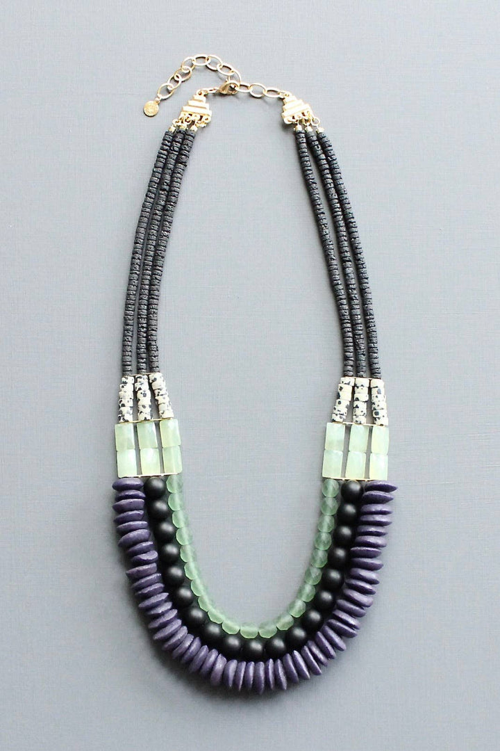 Triple strand purple and green necklace