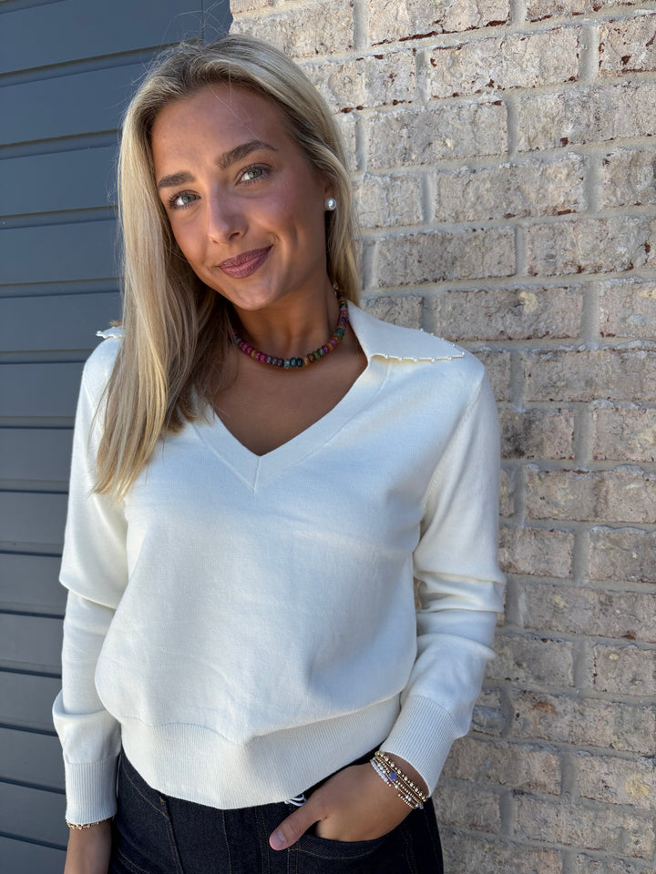 Cream Knit Pearl V-Neck Sweater