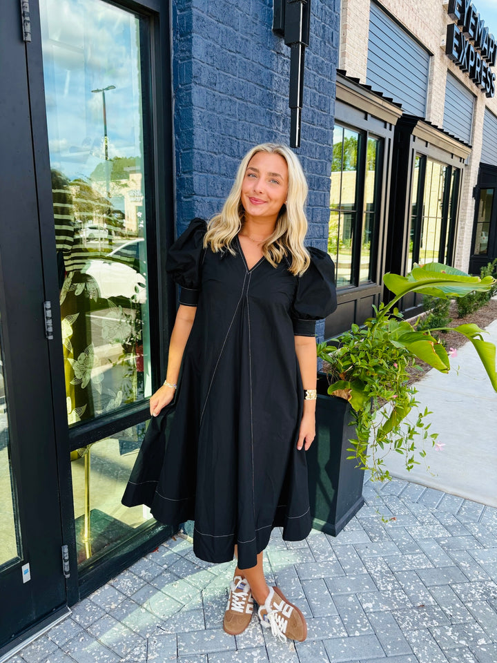 Black Contrast Stitched Midi Dress