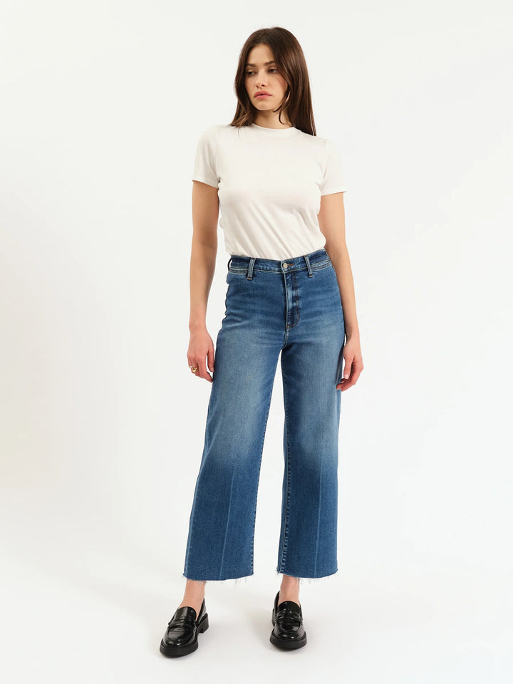 Pleaser High Rise Wide Ankle With Welt Pocket in Indigo Wave - Daze Denim