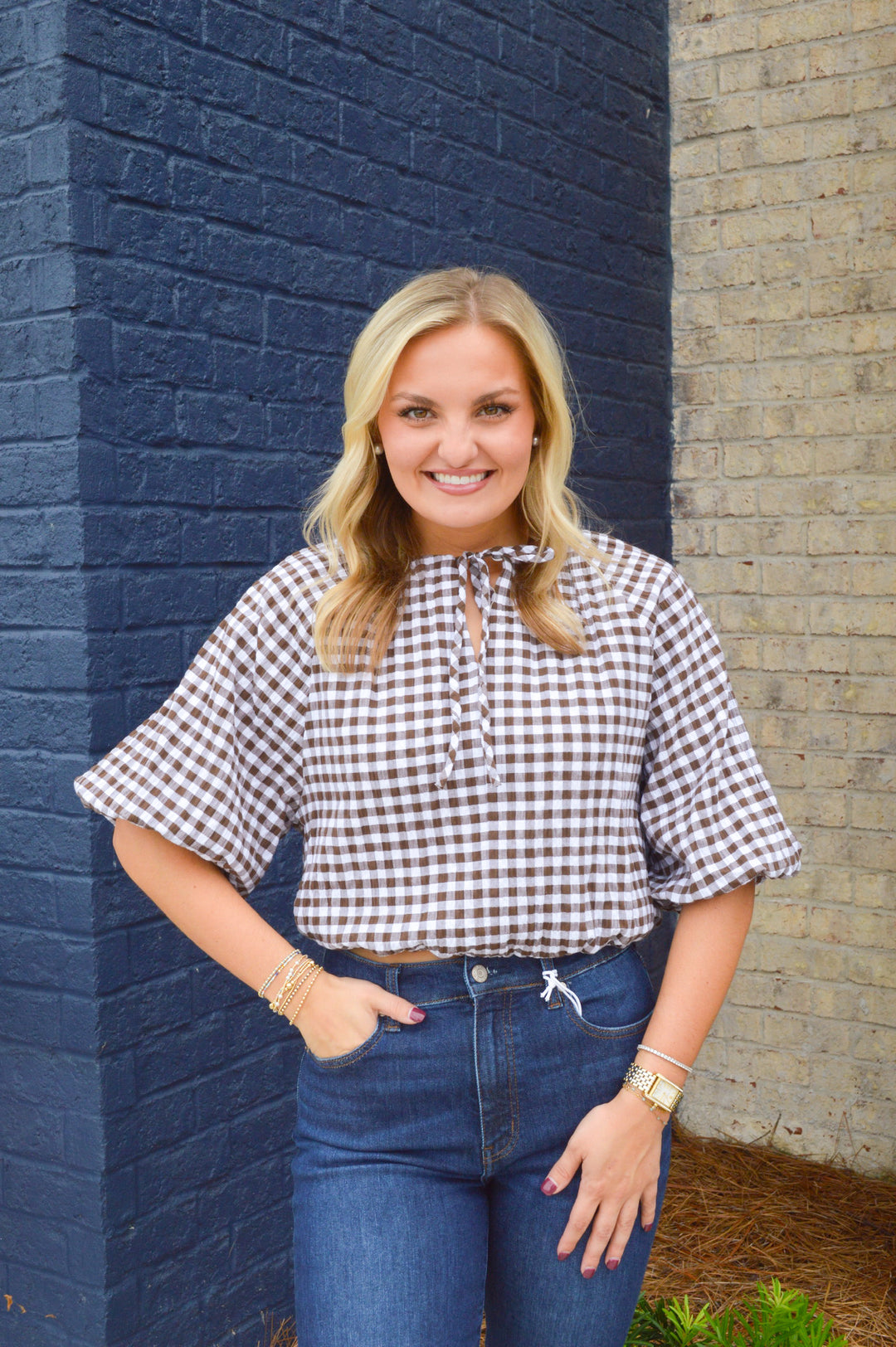 The Tatum Bubble Top in Chocolate Seer Gingham