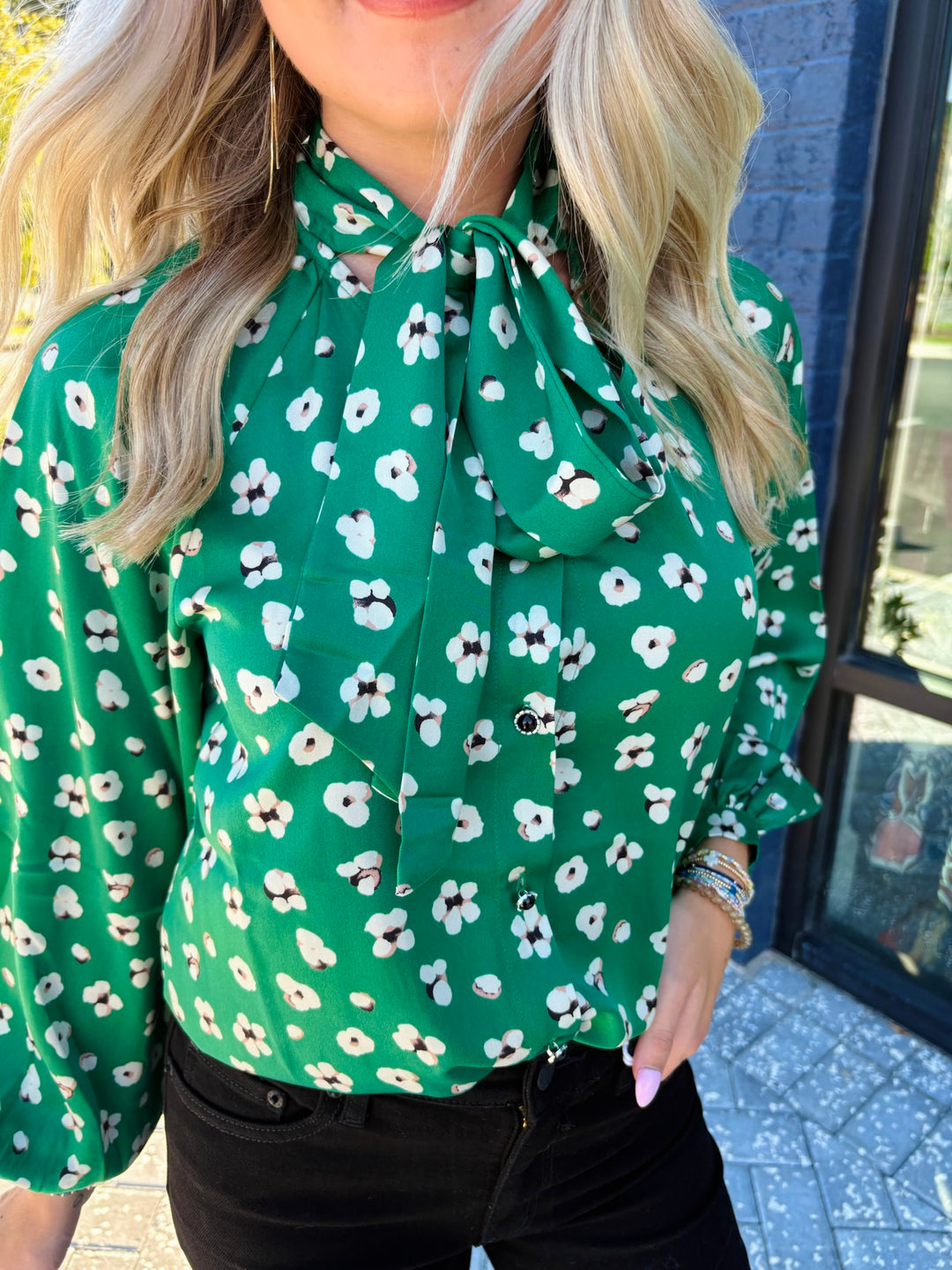 Green Floral Tie Blouse