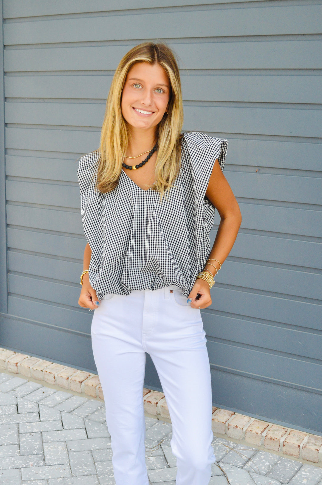 Poplin V-Neck Gingham Sleeveless Top