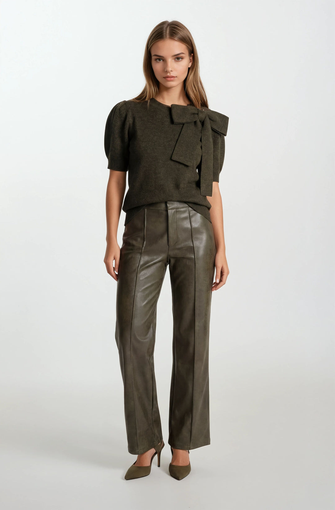 Olive Short Sleeve Bow Sweater