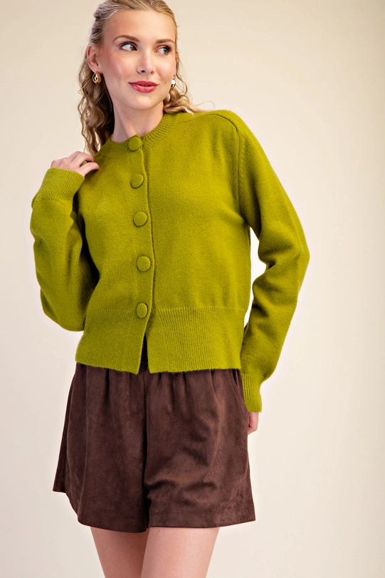 The Button Closure Long Sleeve Sweater Cardigan - Light Olive