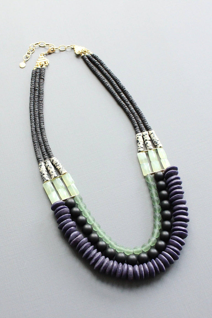 Triple strand purple and green necklace