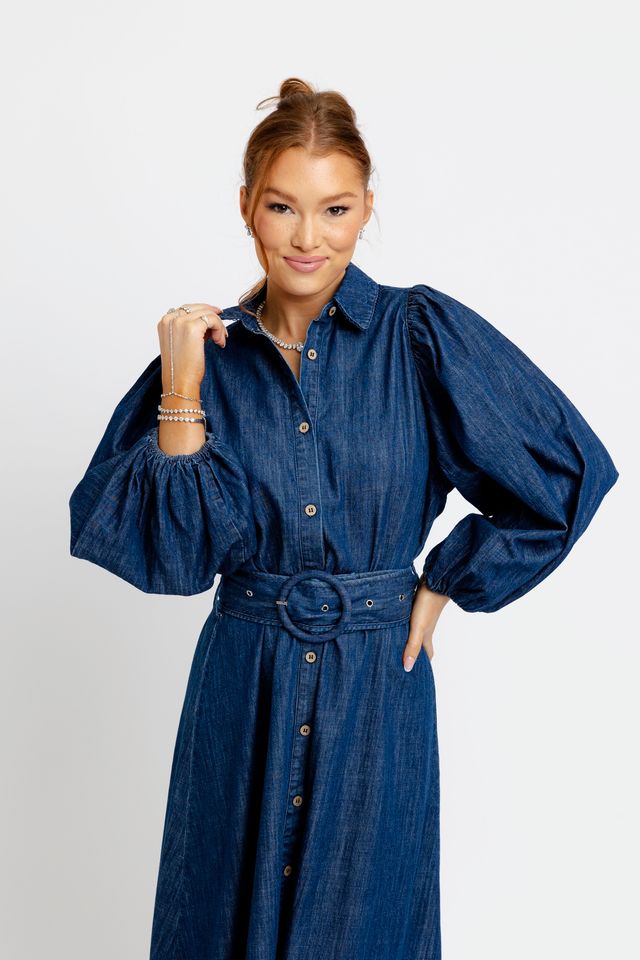 Denim Puff Slv Maxi Dress W/Belt