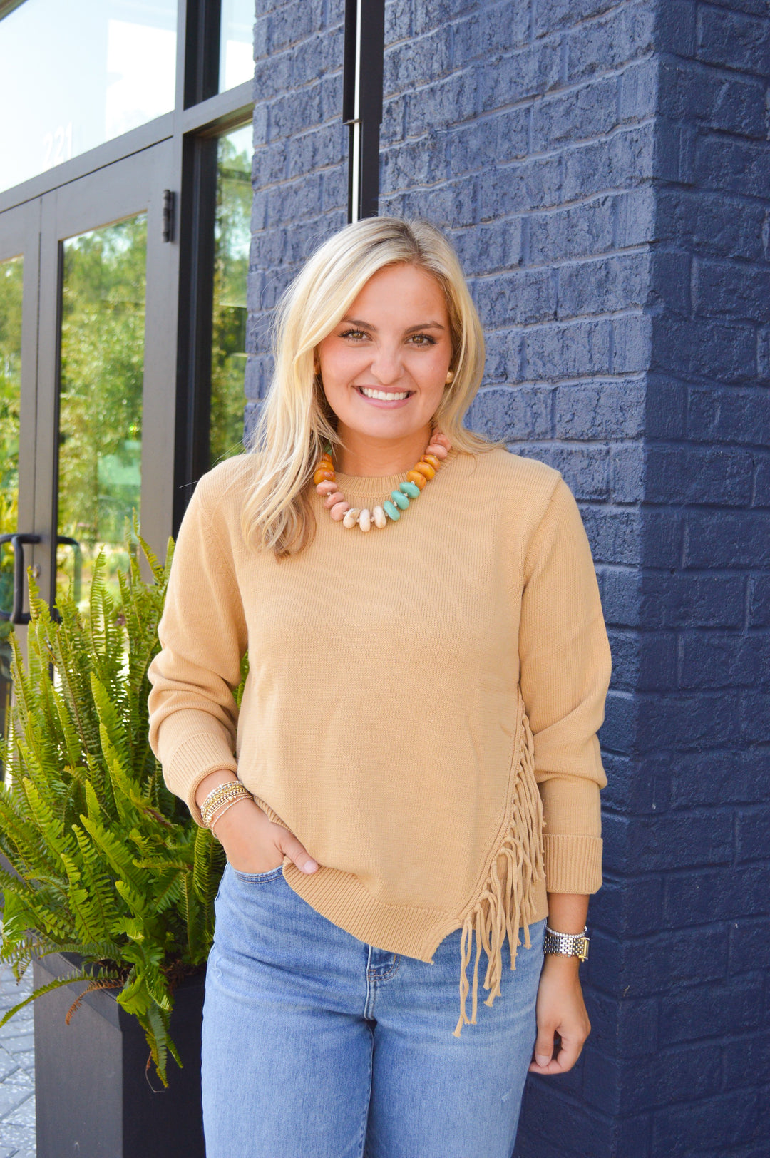 Tan Fringe Crewneck Sweater