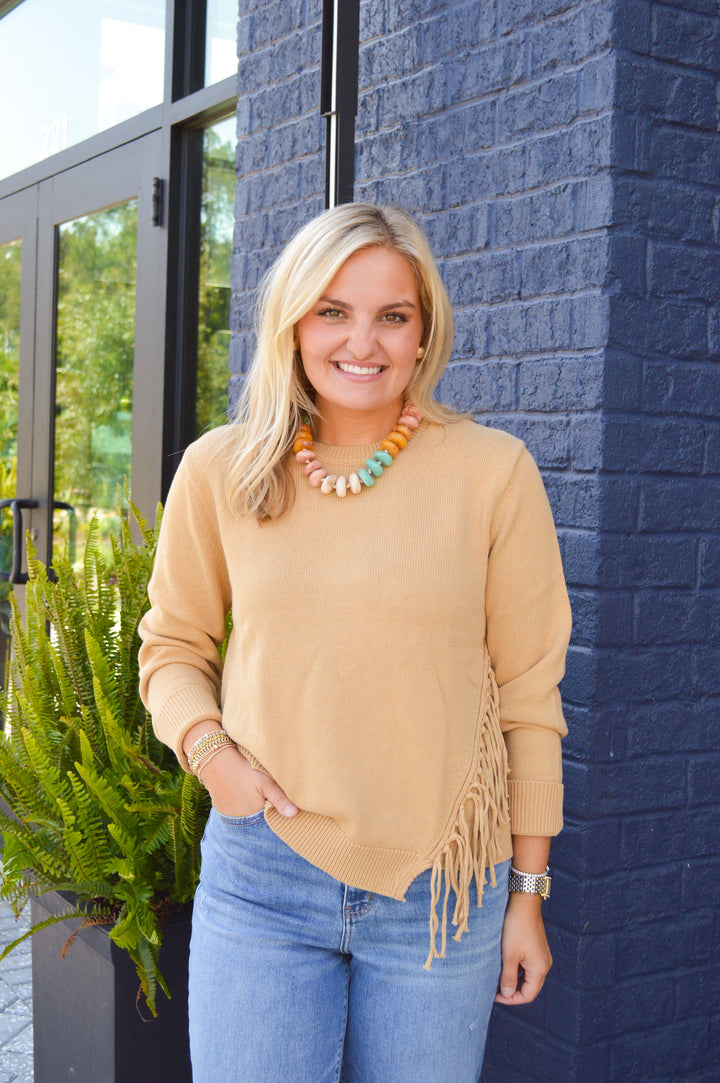 Tan Fringe Crewneck Sweater