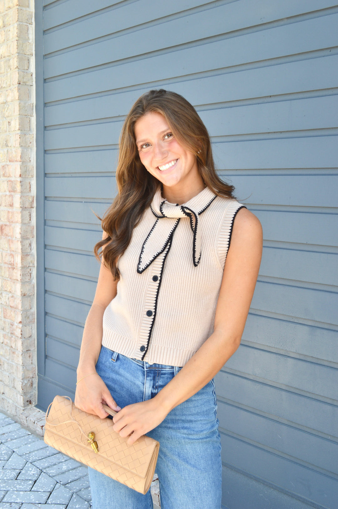 Oatmeal Sleeveless Neck Tie Sweater