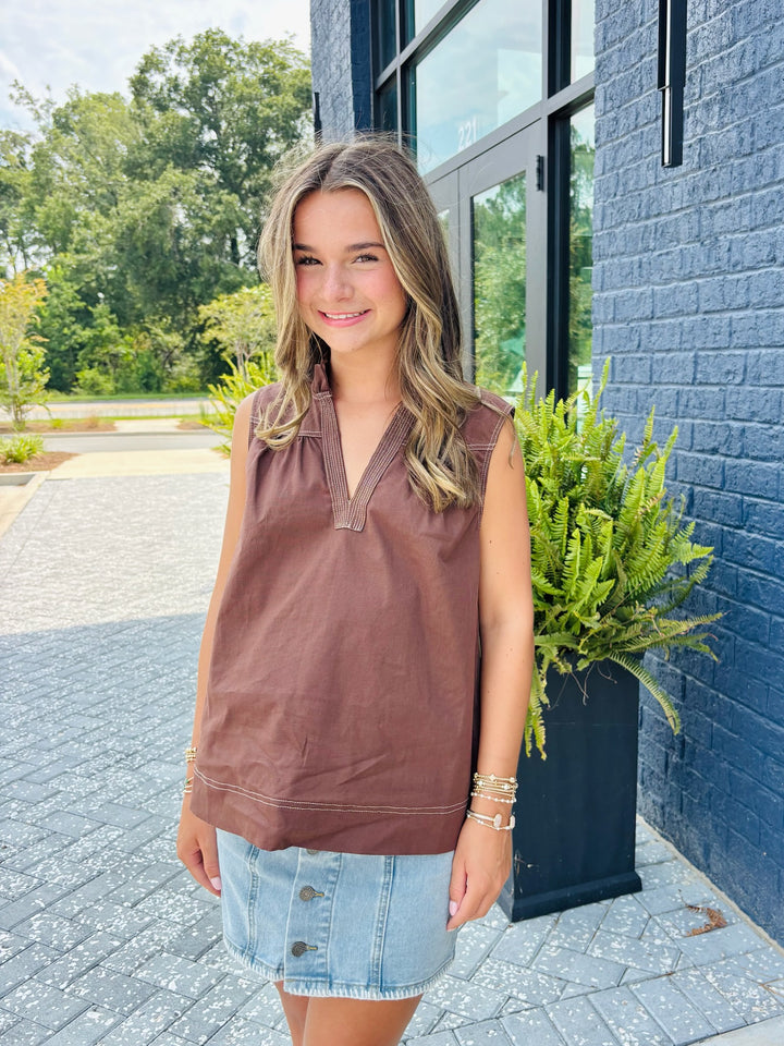 Brown Stitch Detail Top