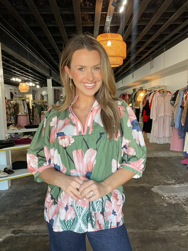 Olive Bloom Collared Puff Sleeve Top